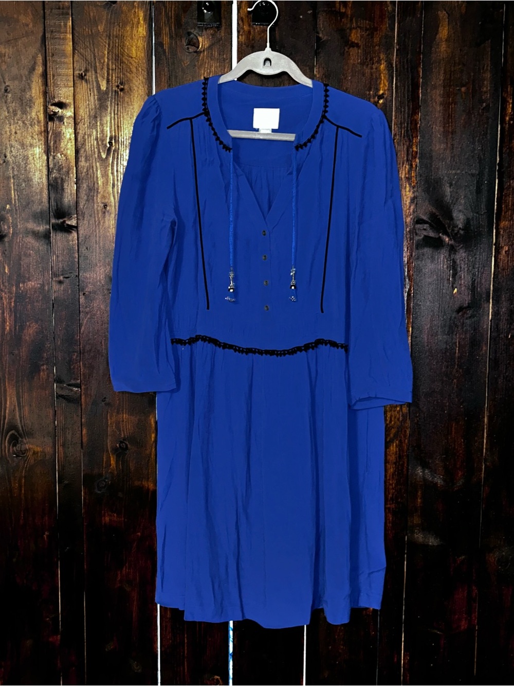 Anthropologie/Maeve Royal Blue Long-Sleeve V-Neck Dress with Tassel Details